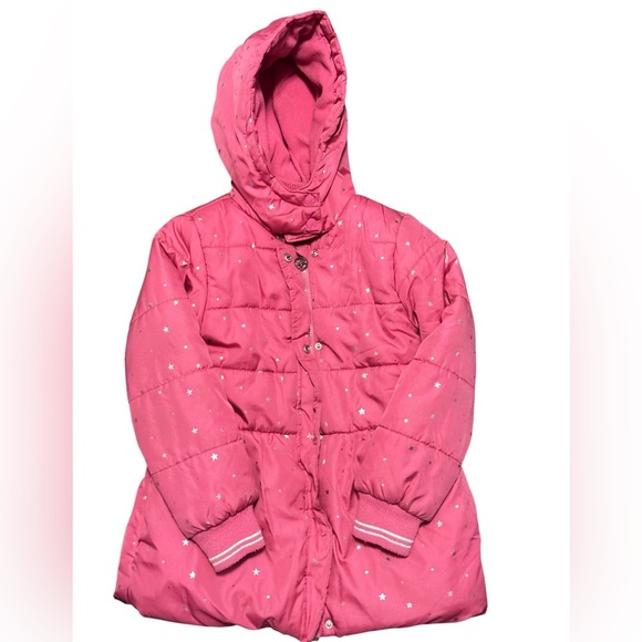 Nautica Girls Puffer Jacket Medium 8/10 Pink Gold Stars Hooded Winter Coat - Picture 2 of 10